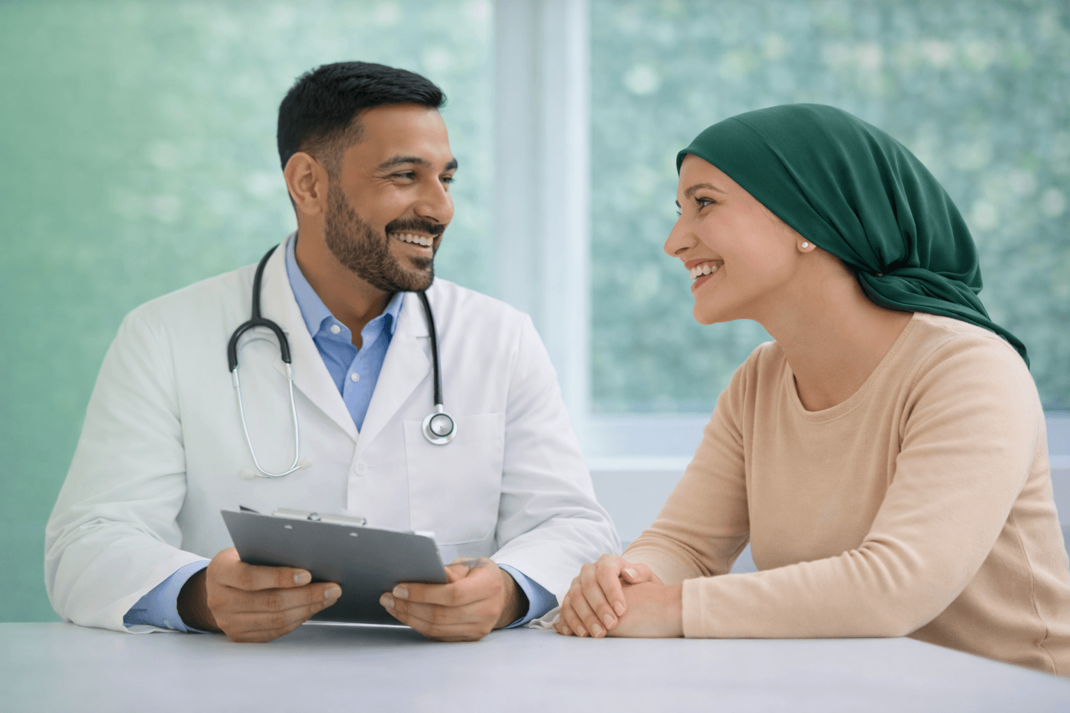 Oncologist consulting with international patient in a modern hospital room for eCureTrip tumor board review